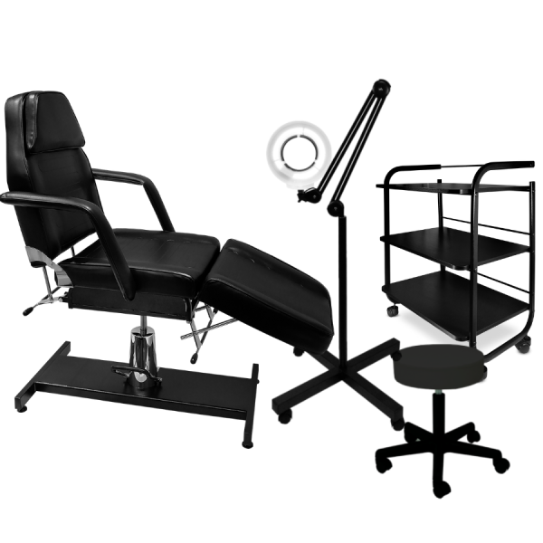 Zestaw czarnych mebli: fotel hydrauliczny + lampa + stolik + taboret